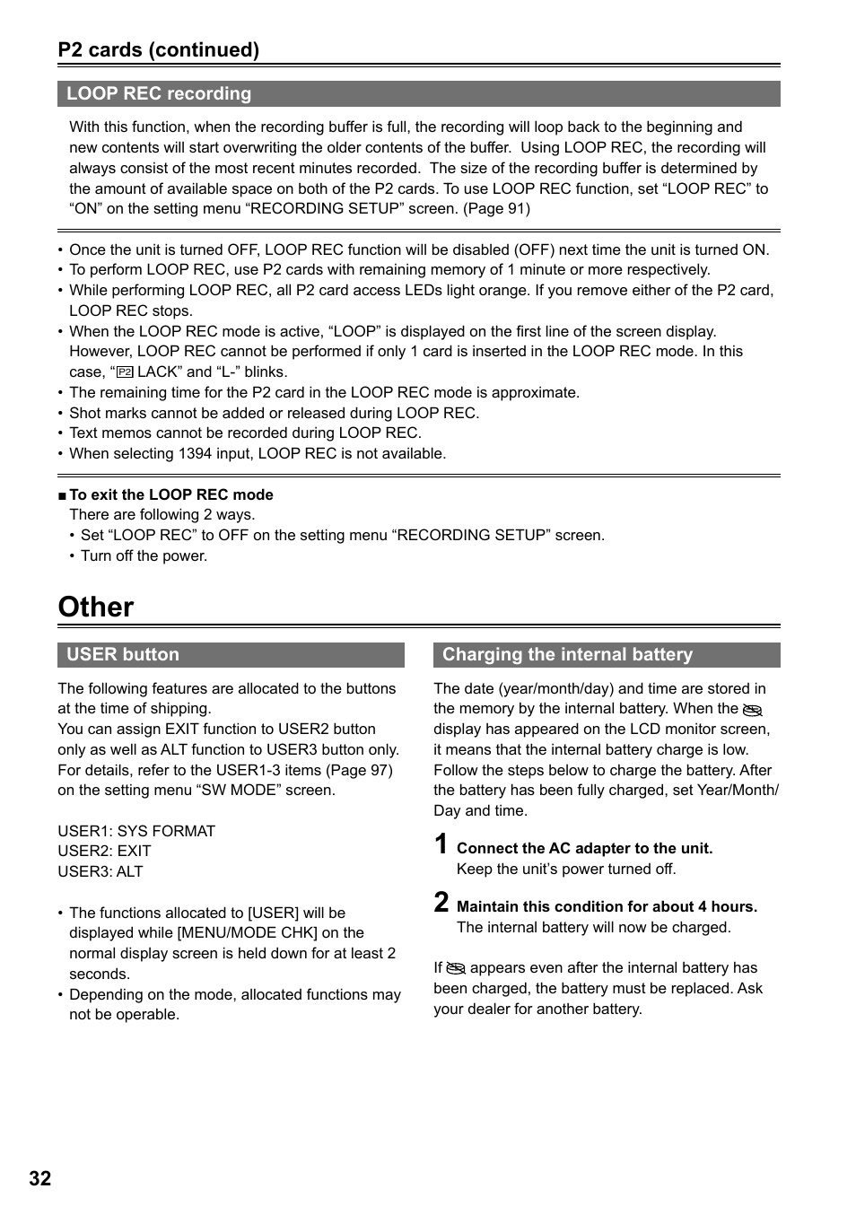 Loop rec recording, Other, Charging the internal battery | Panasonic P2HD AG-HPG20P User Manual | Page 32 / 120