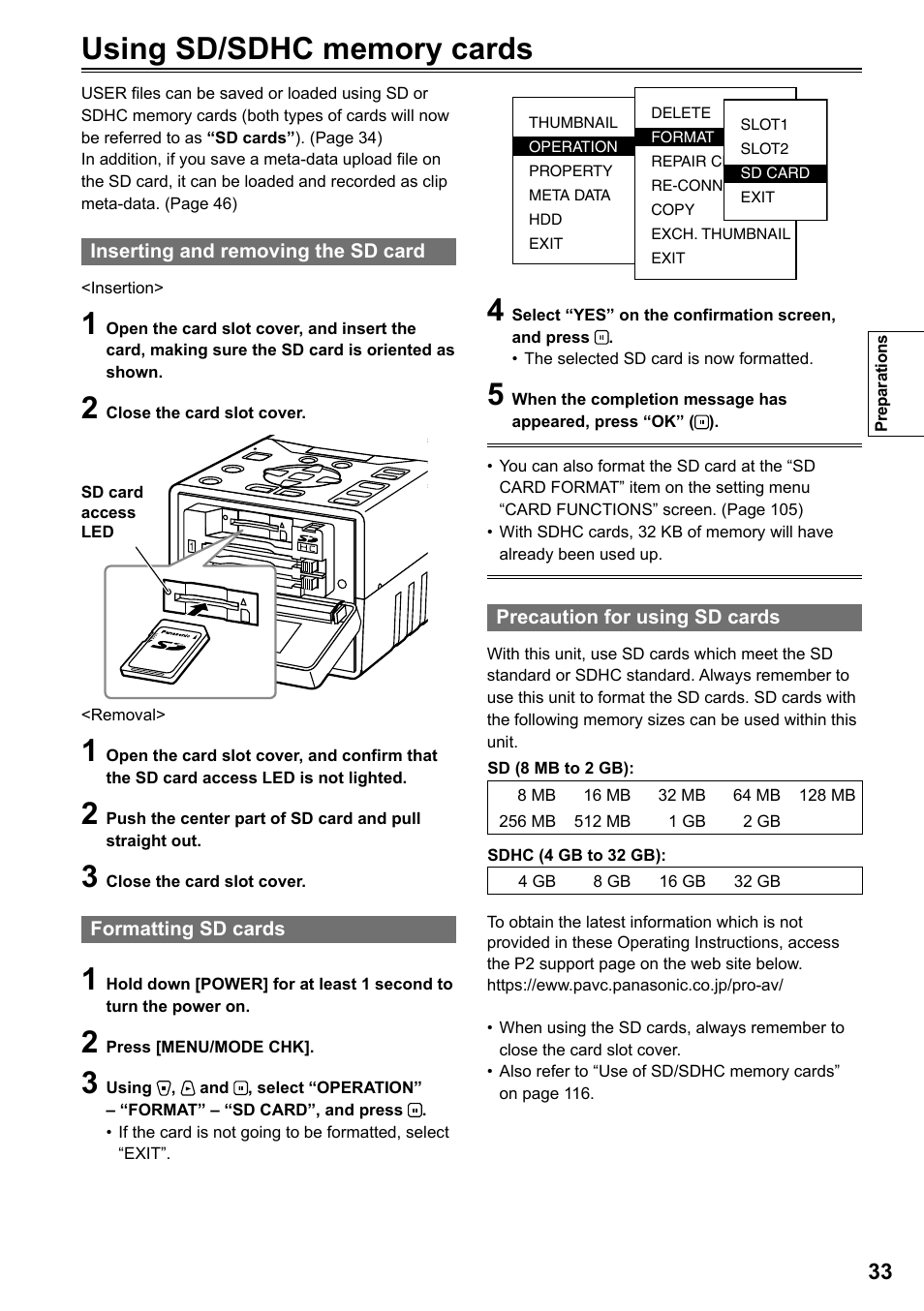 Inserting and removing the sd card, Formatting sd cards, Precaution for using sd cards | Panasonic P2HD AG-HPG20P User Manual | Page 33 / 120