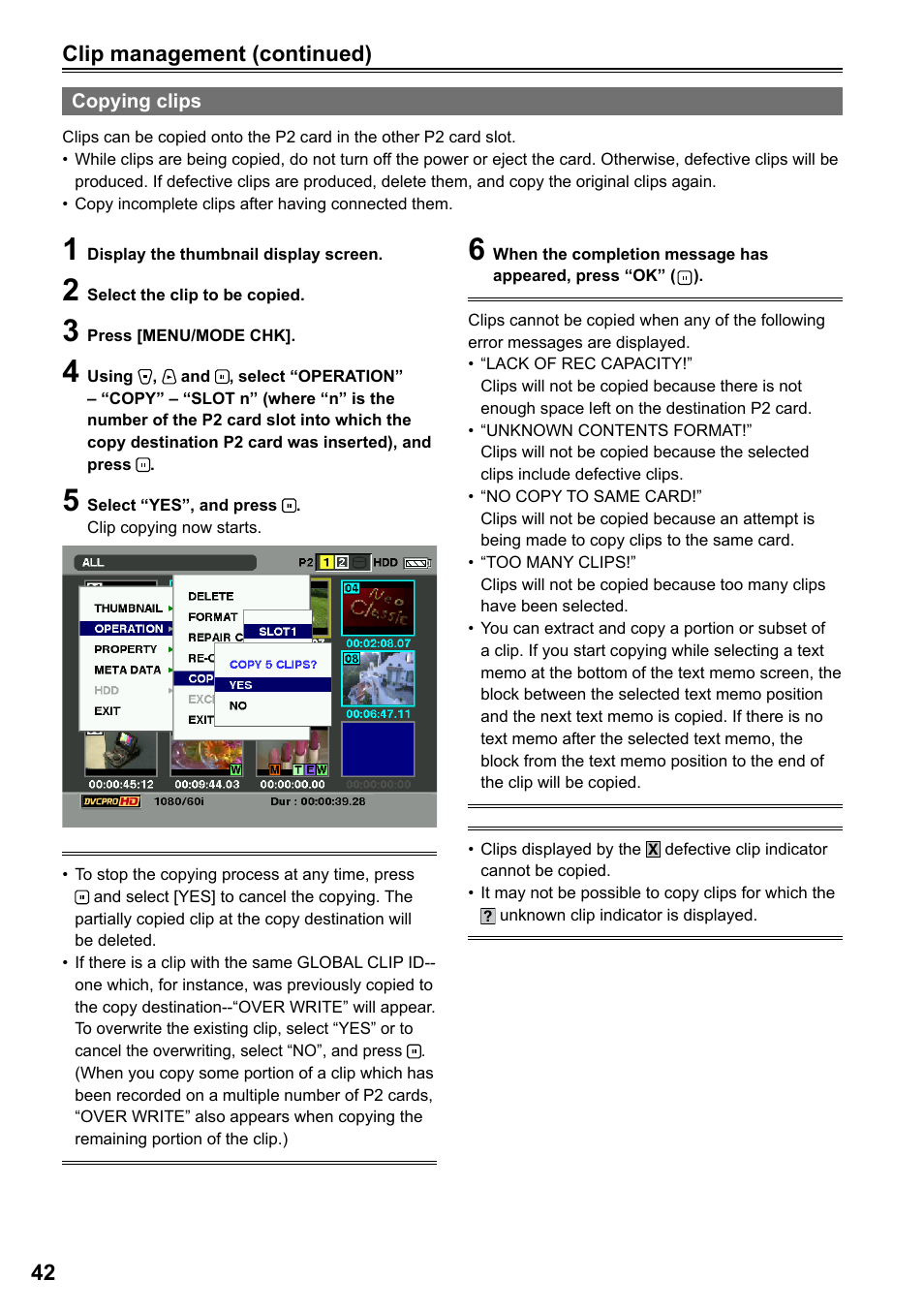 Copying clips | Panasonic P2HD AG-HPG20P User Manual | Page 42 / 120