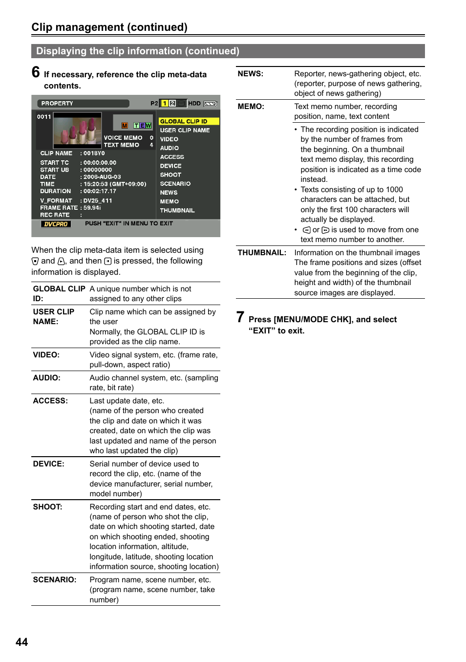Clip management (continued), Displaying the clip information (continued) | Panasonic P2HD AG-HPG20P User Manual | Page 44 / 120