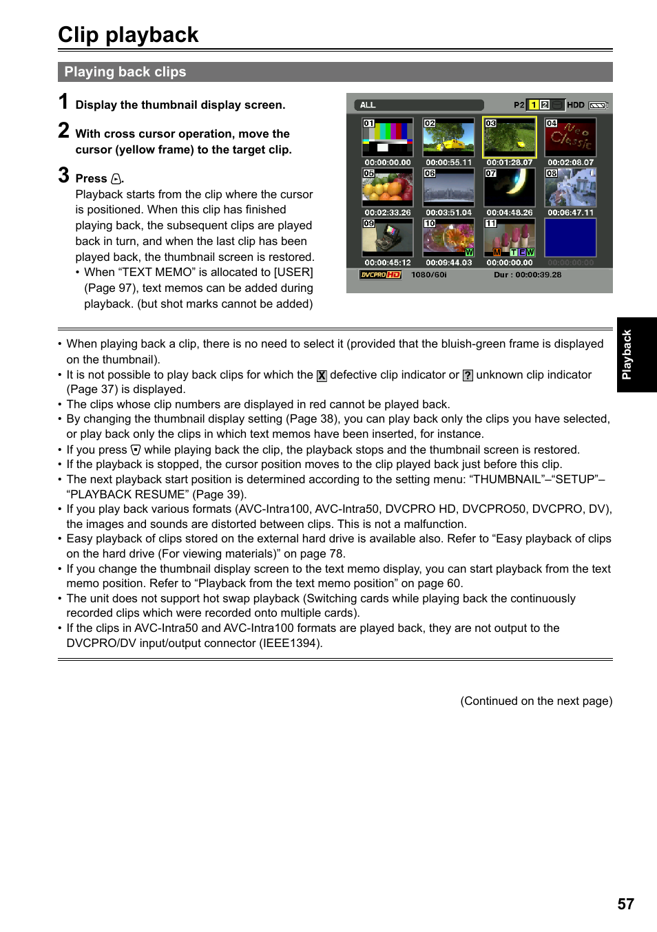 Clip playback, Playing back clips | Panasonic P2HD AG-HPG20P User Manual | Page 57 / 120