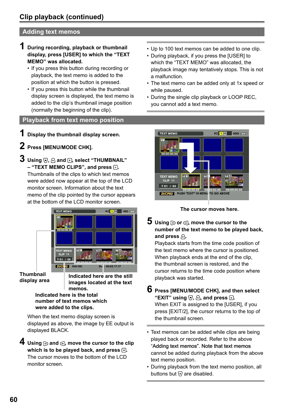 Adding text memos, Playback from text memo position | Panasonic P2HD AG-HPG20P User Manual | Page 60 / 120