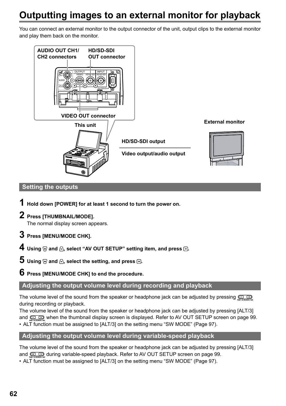 Setting the outputs | Panasonic P2HD AG-HPG20P User Manual | Page 62 / 120