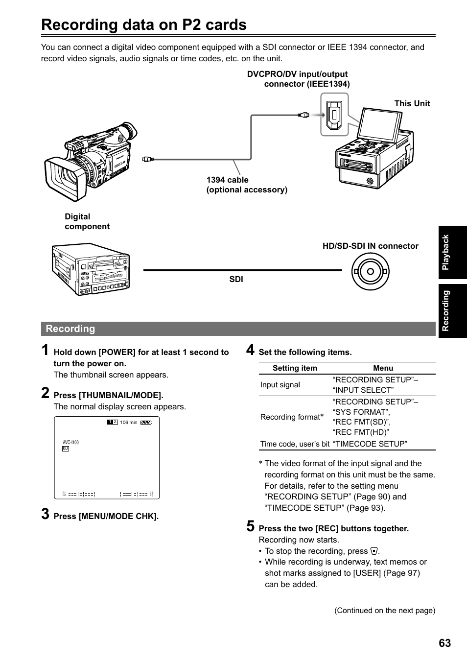 Recording data on p2 cards, Recording, Recording data on p cards | Panasonic P2HD AG-HPG20P User Manual | Page 63 / 120