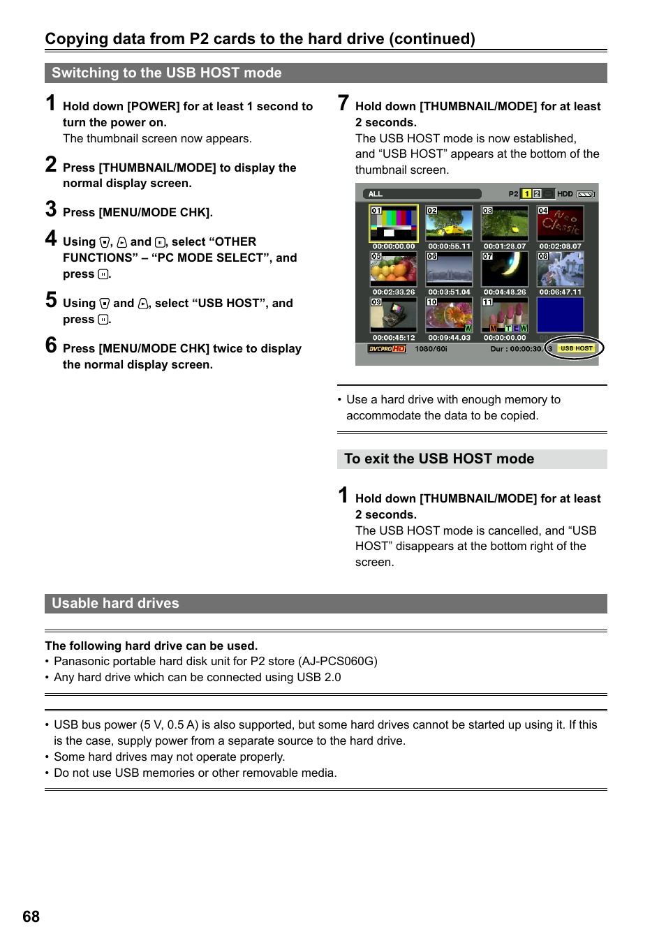 Switching to the usb host mode, Usable hard drives | Panasonic P2HD AG-HPG20P User Manual | Page 68 / 120