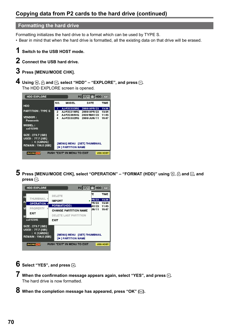 Formatting the hard drive | Panasonic P2HD AG-HPG20P User Manual | Page 70 / 120