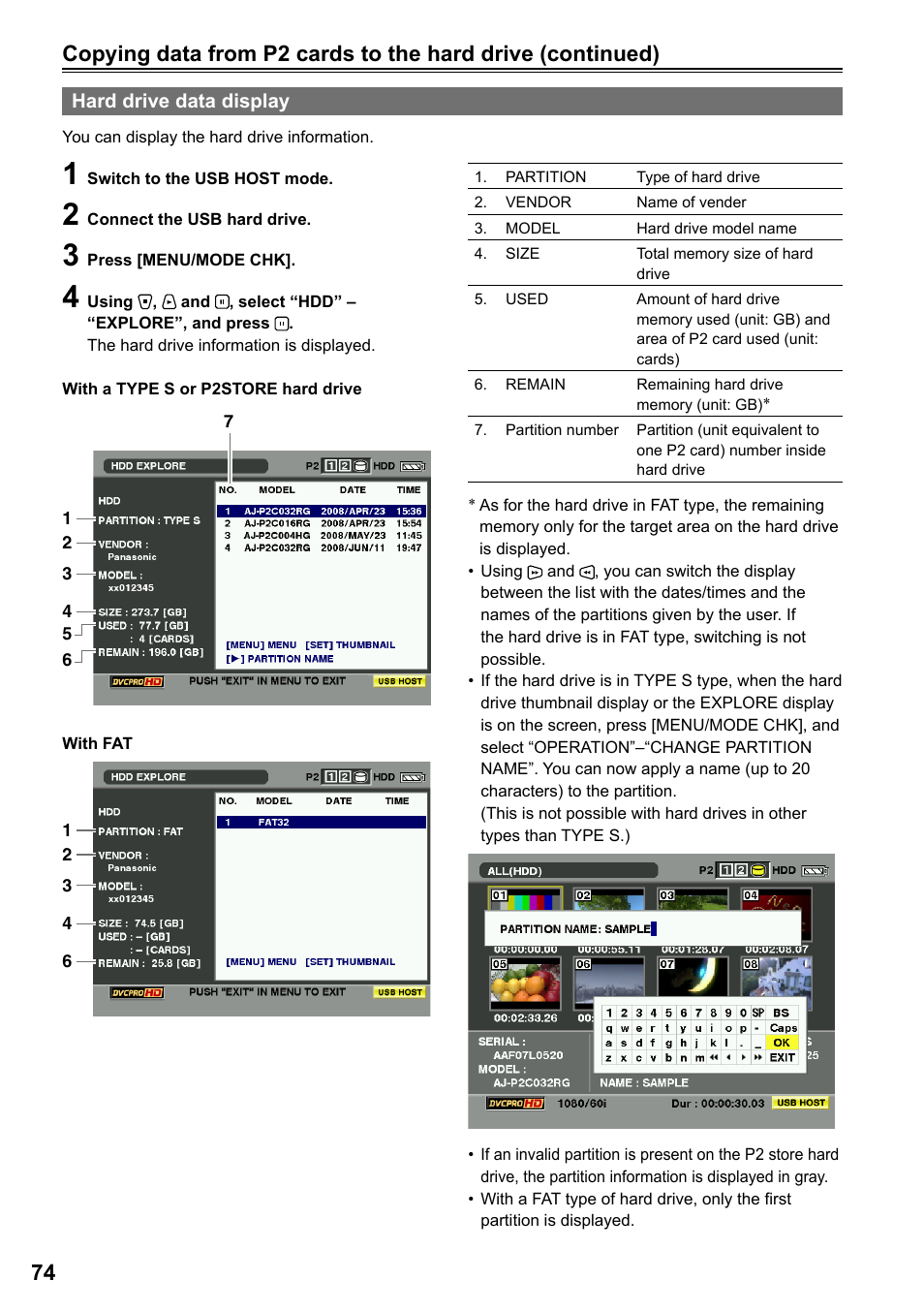 Hard drive data display | Panasonic P2HD AG-HPG20P User Manual | Page 74 / 120