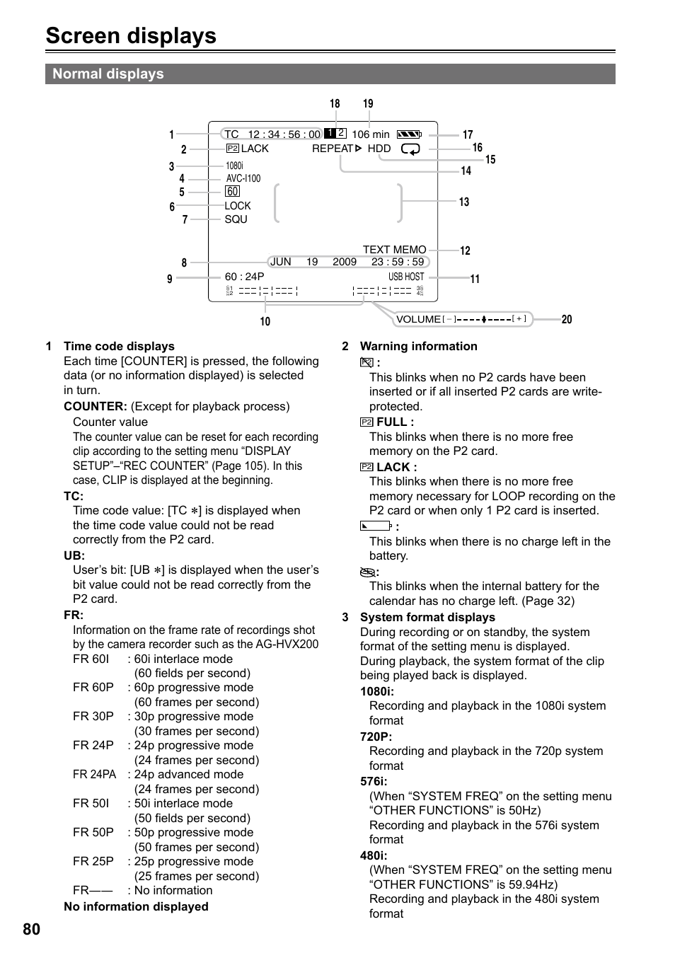 Screen displays, Normal displays | Panasonic P2HD AG-HPG20P User Manual | Page 80 / 120