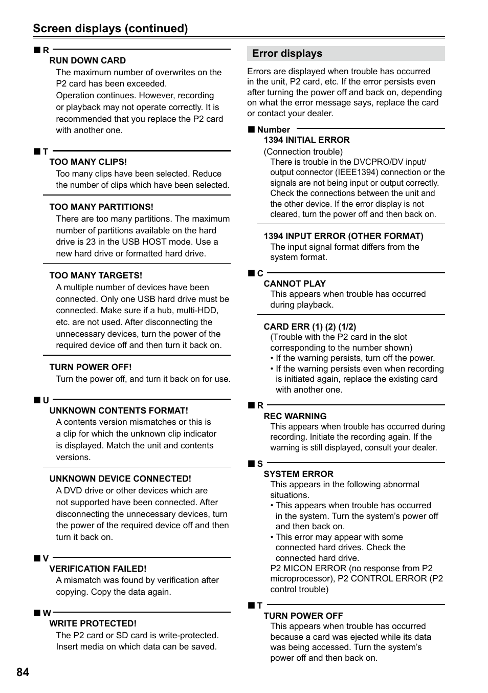 Screen displays (continued) | Panasonic P2HD AG-HPG20P User Manual | Page 84 / 120