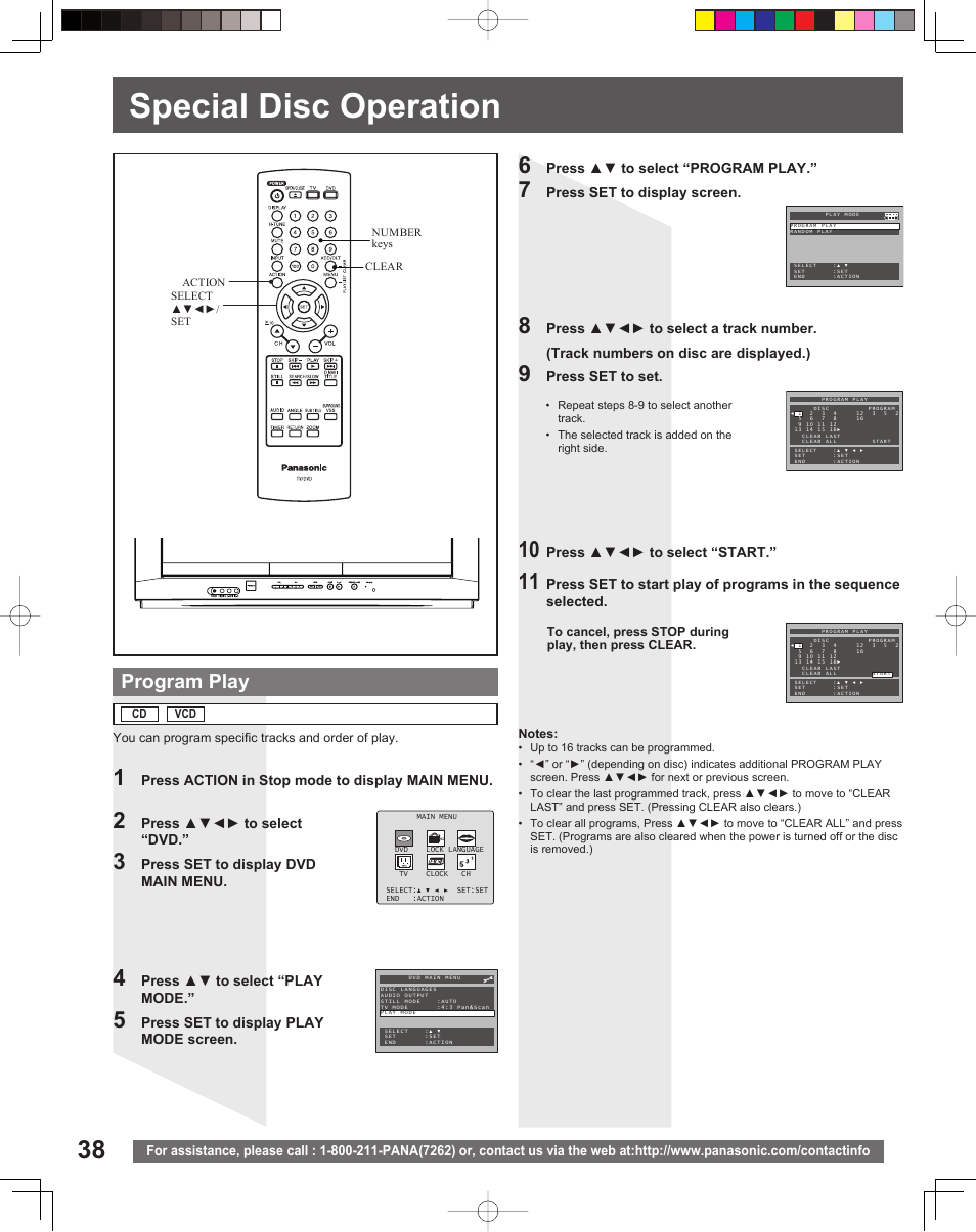 Special disc operation, Program play | Panasonic PV-27DF5 User Manual | Page 38 / 56