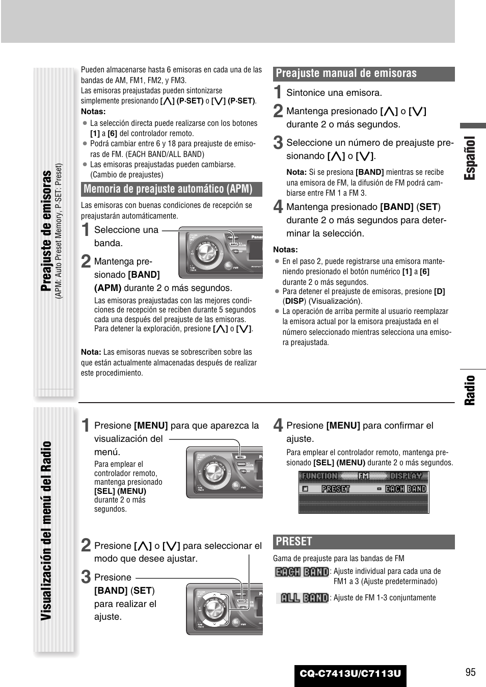 Español, Radio, Preajuste de emisoras | Visualización del menú del radio | Panasonic CQ-C7413U User Manual | Page 95 / 114
