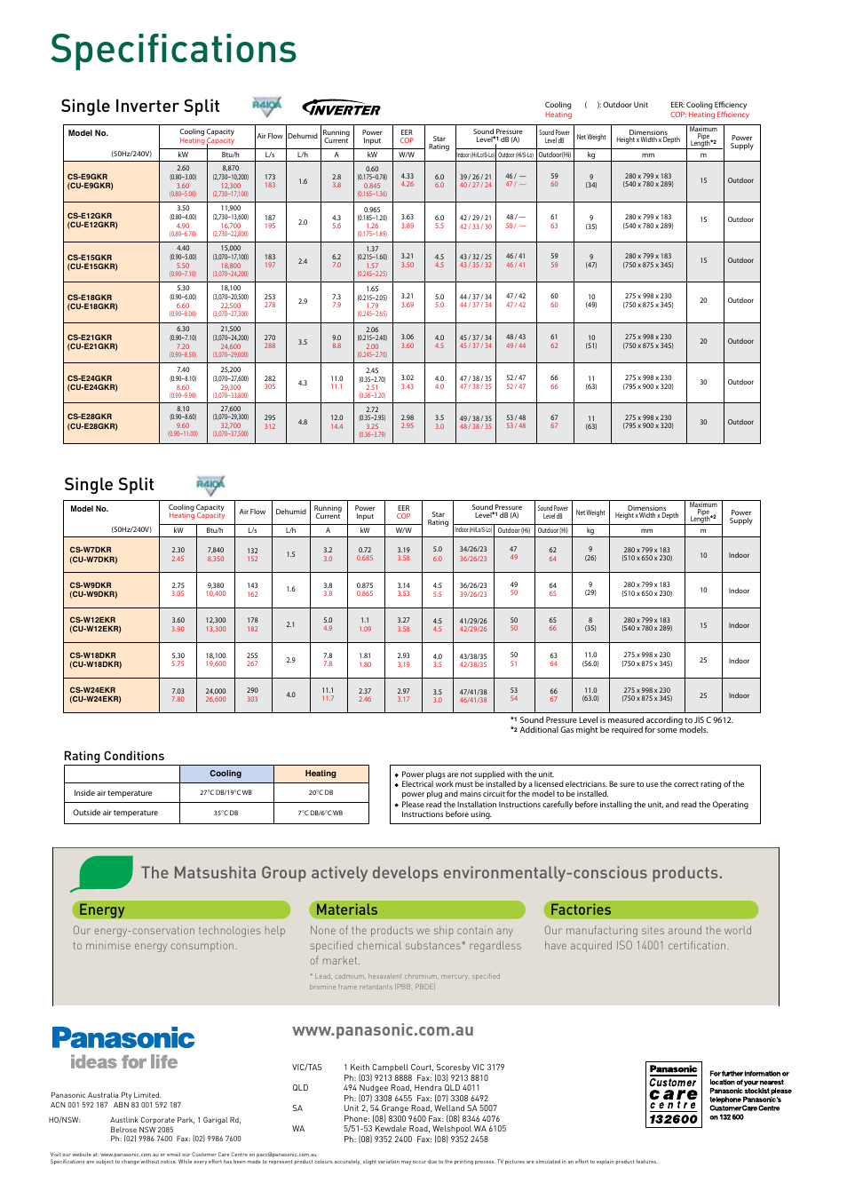 Specifications, Single split, Single inverter split | Energy materials factories, Rating conditions | Panasonic 2007 User Manual | Page 16 / 16