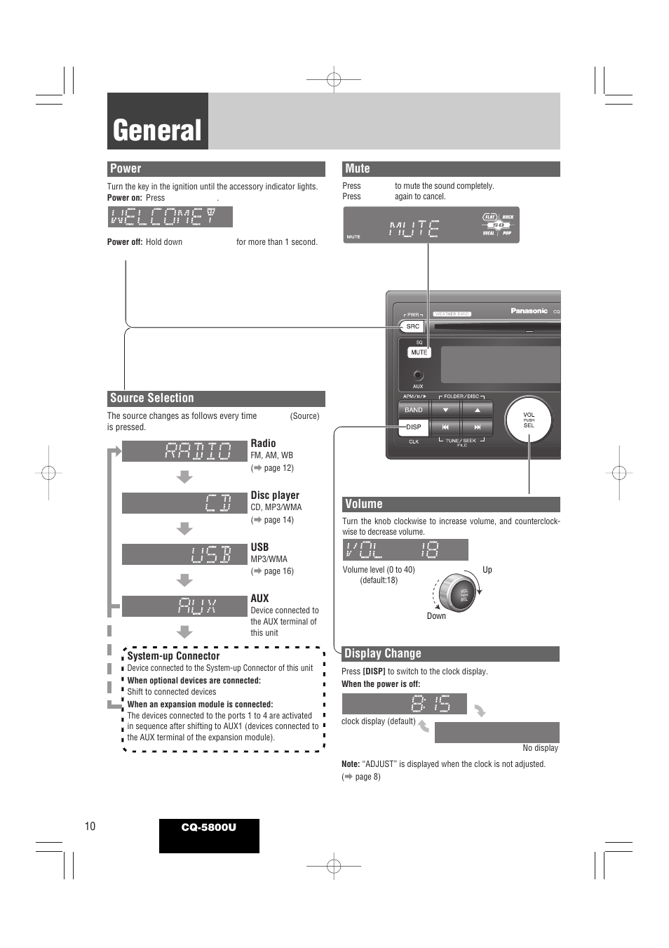 General, Power, Volume | Mute, Display change, Source selection | Panasonic CQ-5800U User Manual | Page 10 / 48