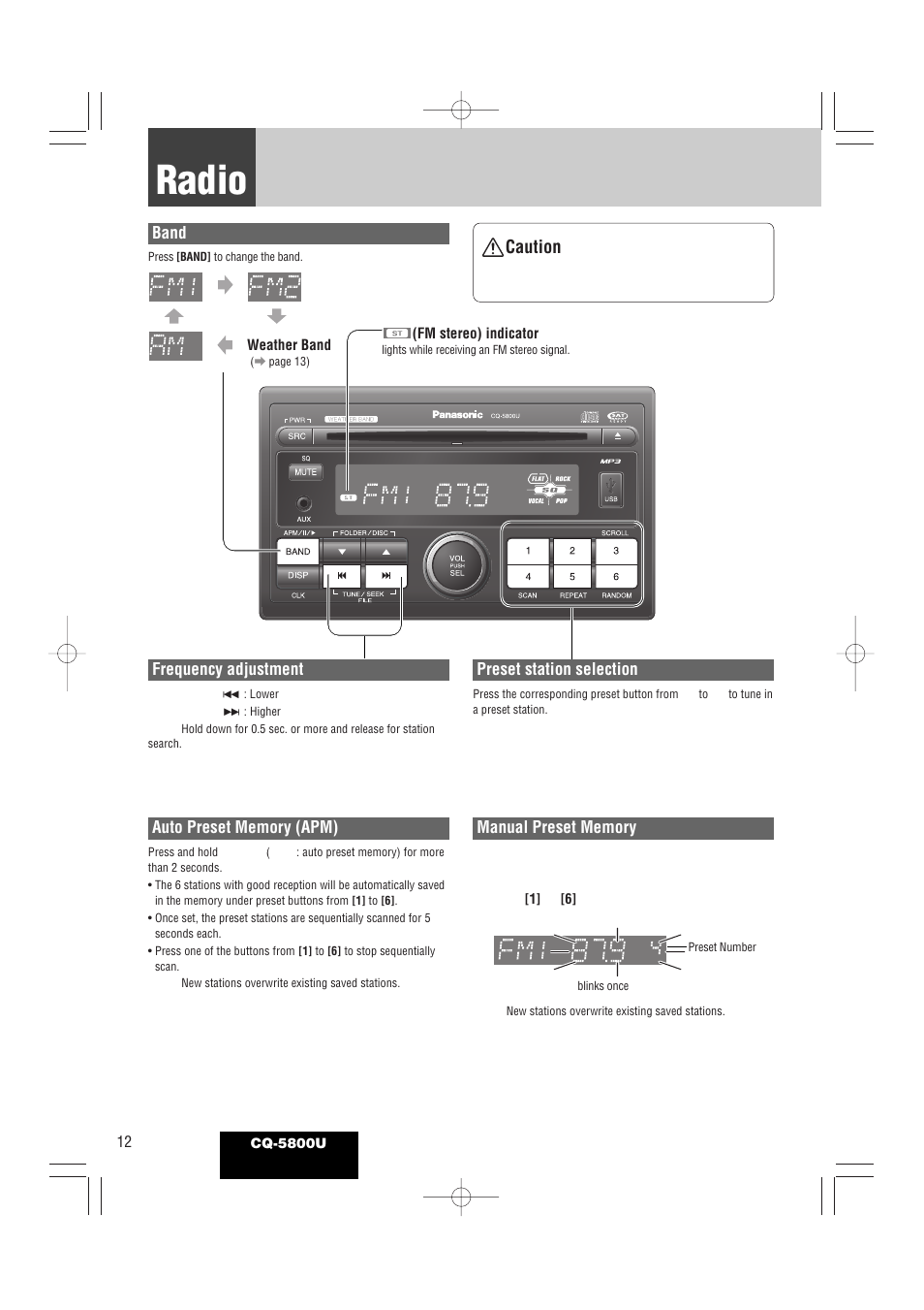 Radio, Caution | Panasonic CQ-5800U User Manual | Page 12 / 48