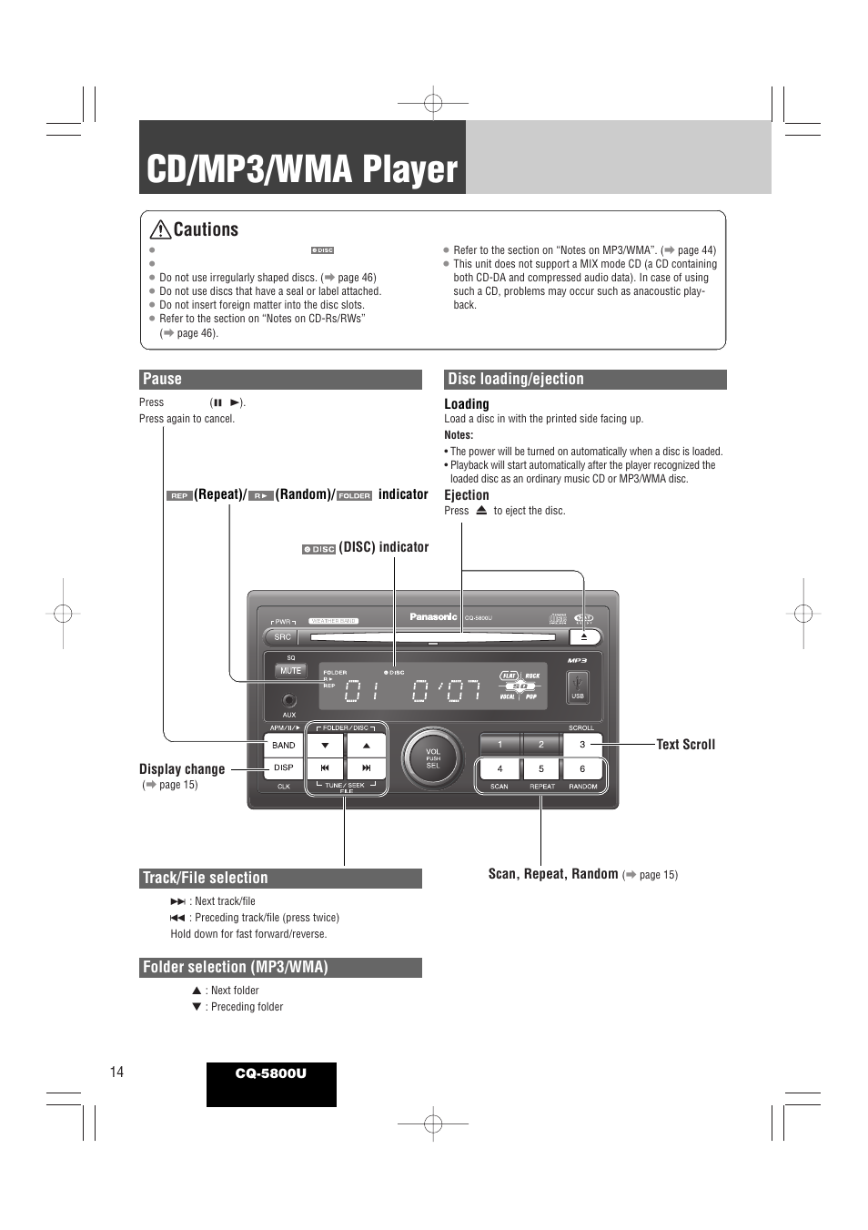 Cd/mp3/wma player, Cautions, Disc loading/ejection | Track/file selection, Folder selection (mp3/wma), Pause | Panasonic CQ-5800U User Manual | Page 14 / 48