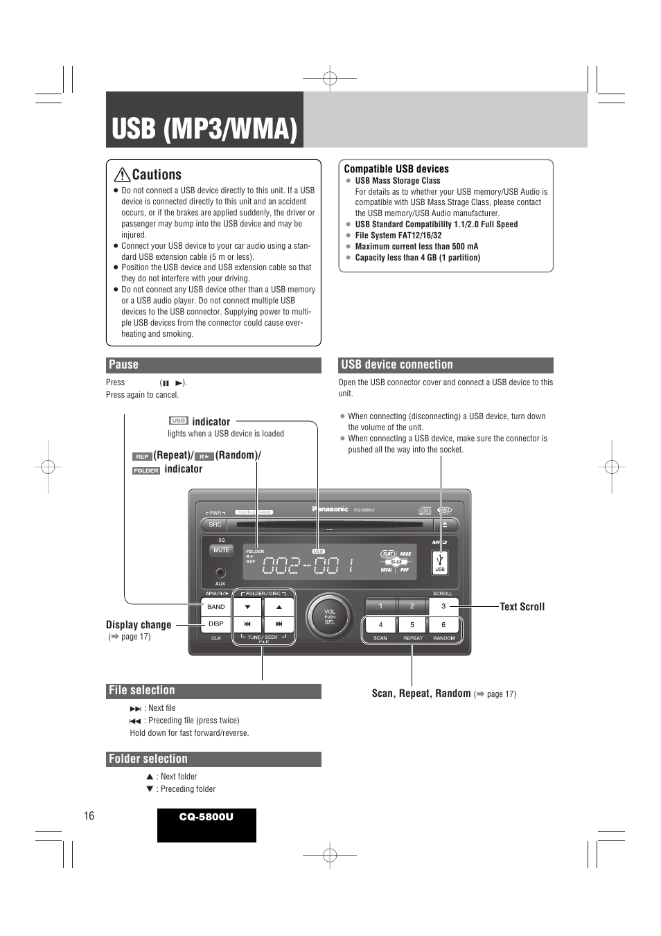 Usb (mp3/wma), Cautions, File selection | Folder selection, Pause, Usb device connection | Panasonic CQ-5800U User Manual | Page 16 / 48