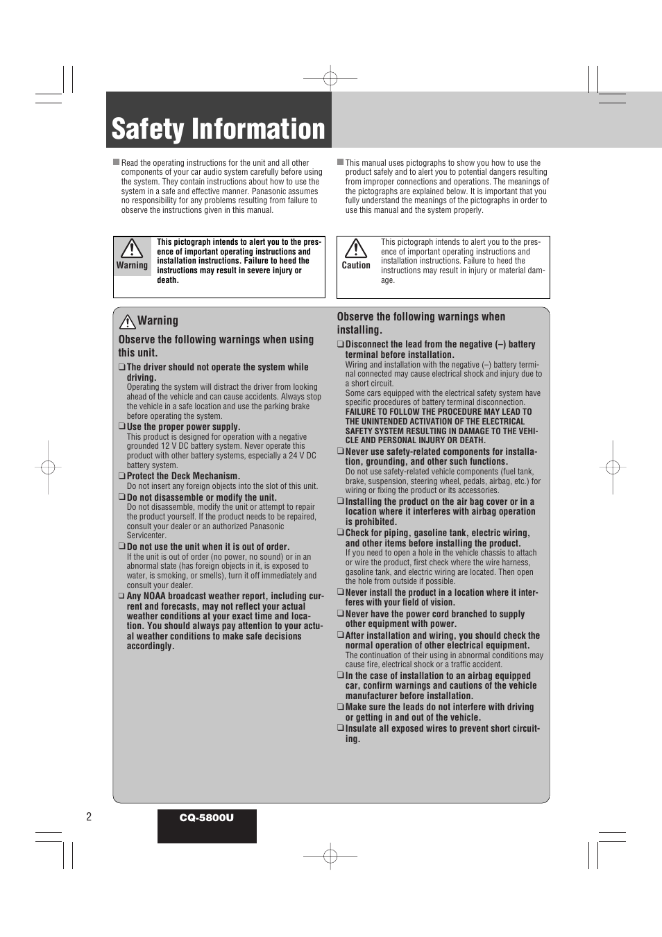Safety information, Warning | Panasonic CQ-5800U User Manual | Page 2 / 48