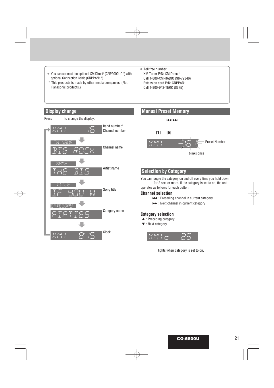 Display change, Selection by category | Panasonic CQ-5800U User Manual | Page 21 / 48