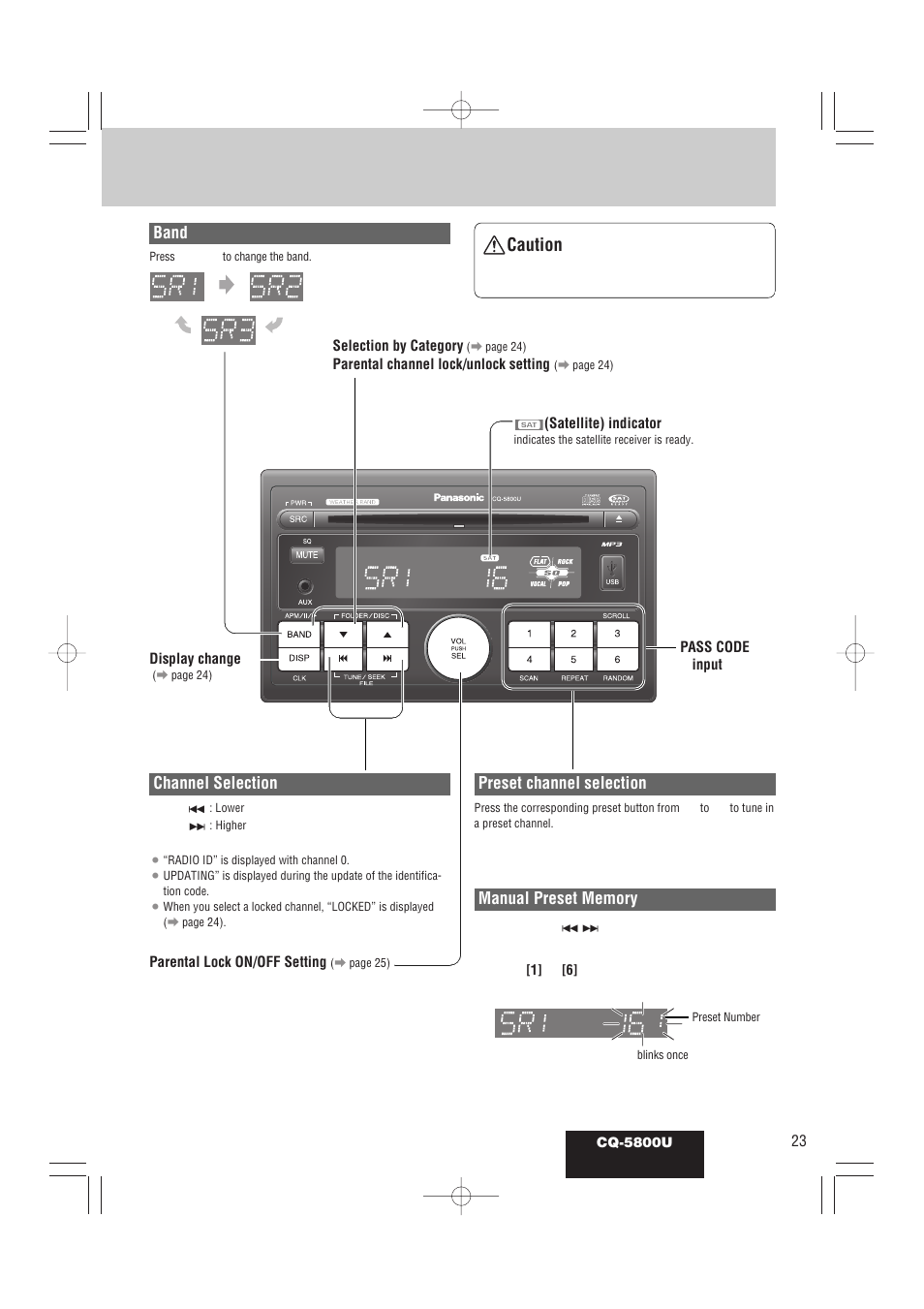 Caution, Band, Channel selection | Preset channel selection | Panasonic CQ-5800U User Manual | Page 23 / 48