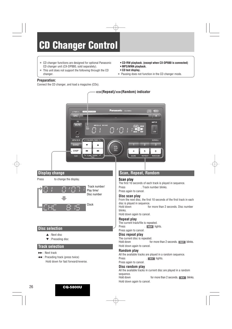 Cd changer control, Disc selection, Track selection | Scan, repeat, random display change | Panasonic CQ-5800U User Manual | Page 26 / 48
