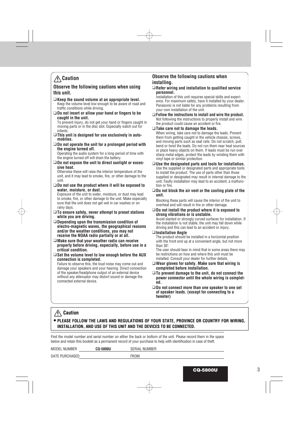 Caution | Panasonic CQ-5800U User Manual | Page 3 / 48