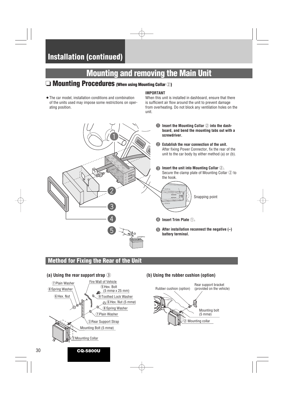 Mounting and removing the main unit, Qw e t r, Installation (continued) | Mounting procedures, Method for fixing the rear of the unit | Panasonic CQ-5800U User Manual | Page 30 / 48