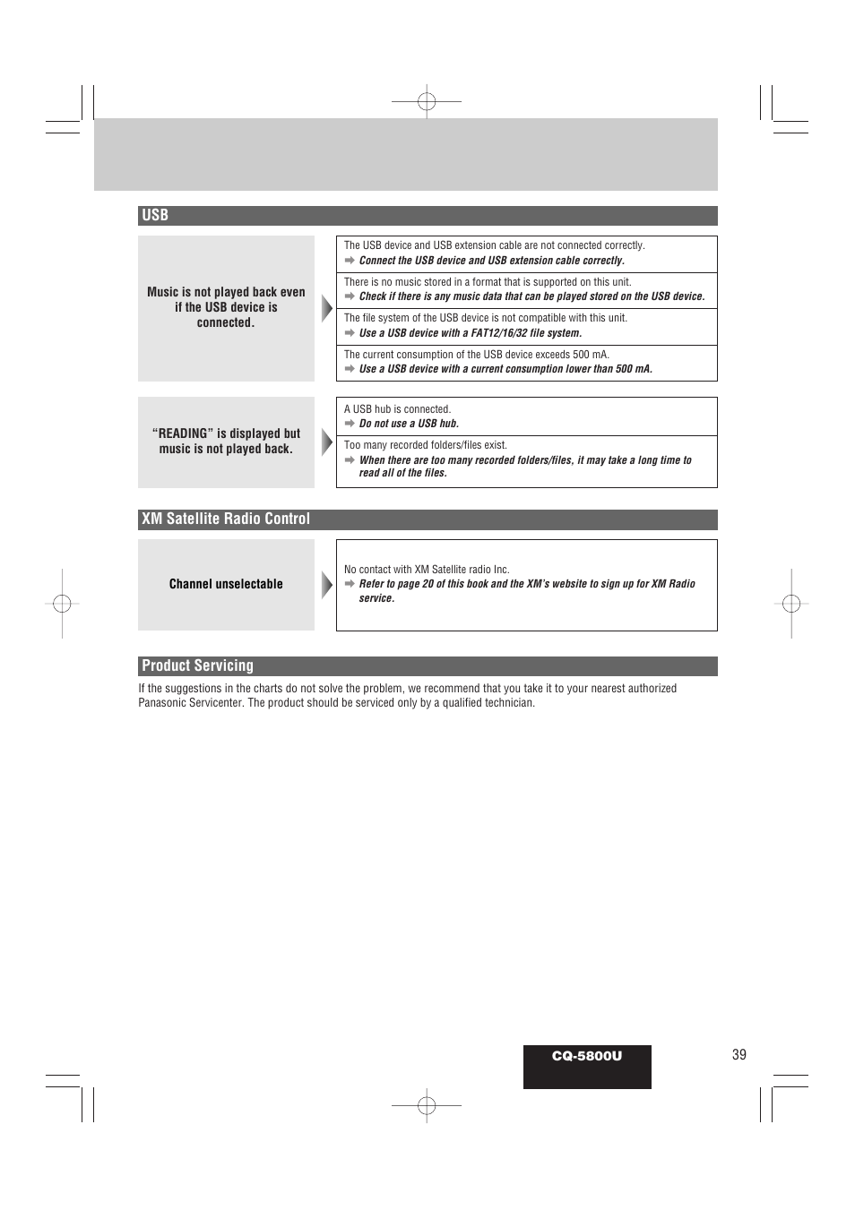 Usb product servicing, Xm satellite radio control | Panasonic CQ-5800U User Manual | Page 39 / 48