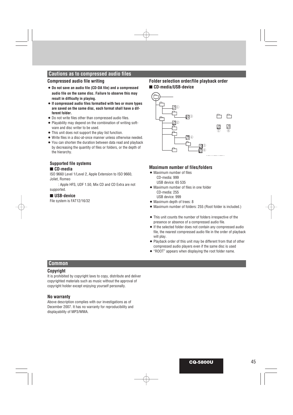 Cautions as to compressed audio files common, Compressed audio file writing, Folder selection order/file playback order | Maximum number of files/folders, Copyright, No warranty | Panasonic CQ-5800U User Manual | Page 45 / 48