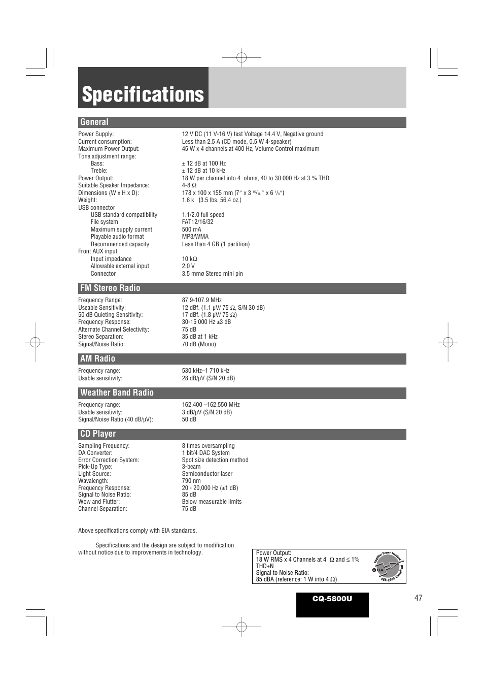 Specifications, General, Fm stereo radio | Am radio, Weather band radio, Cd player | Panasonic CQ-5800U User Manual | Page 47 / 48