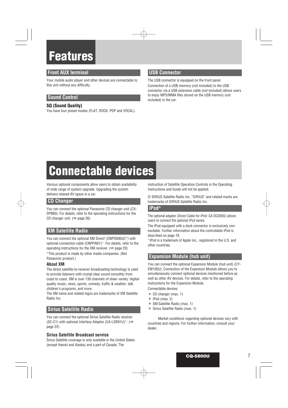 Features, Connectable devices | Panasonic CQ-5800U User Manual | Page 7 / 48