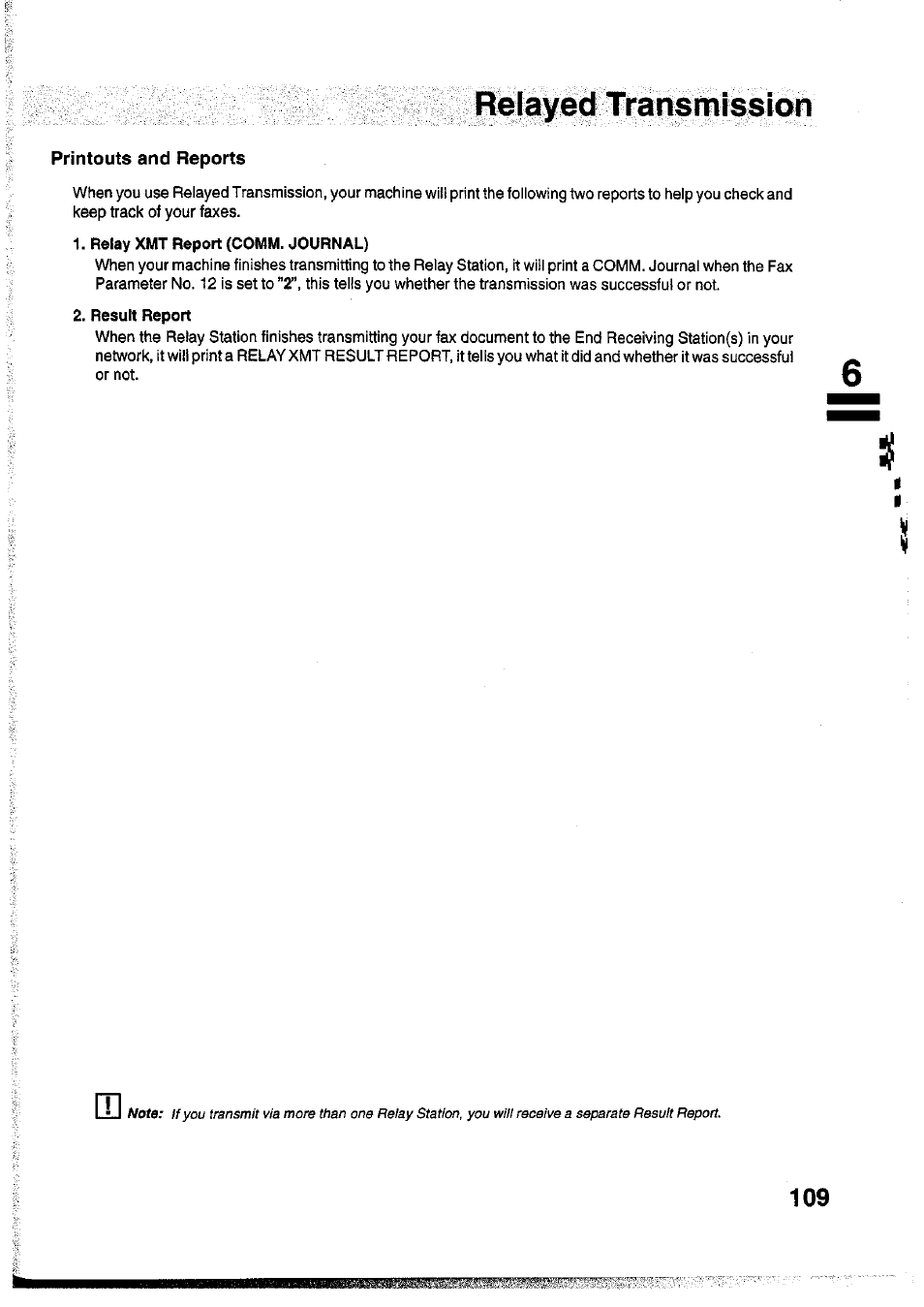 Printouts and reports, Relayed transmission | Panasonic Panafax UF-755 User Manual | Page 111 / 148