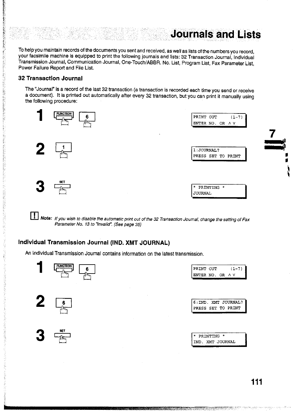 32 transaction journal, Individual transmission journal (ind. xmt journal), Individual transmission journal {ind. xmt journal) | Journats and lists | Panasonic Panafax UF-755 User Manual | Page 113 / 148