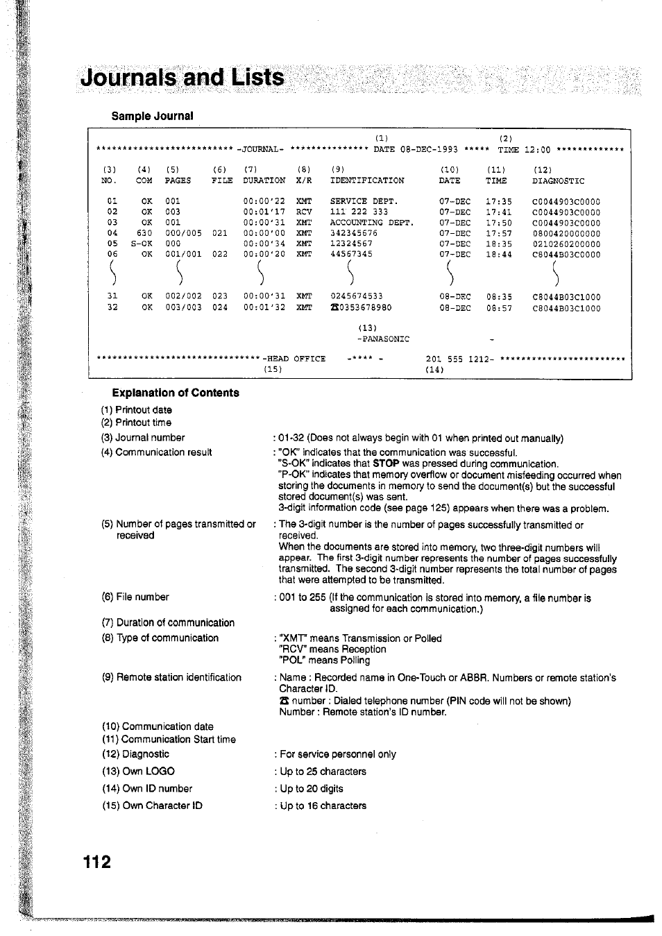 Sample journal, Journata and lists | Panasonic Panafax UF-755 User Manual | Page 114 / 148