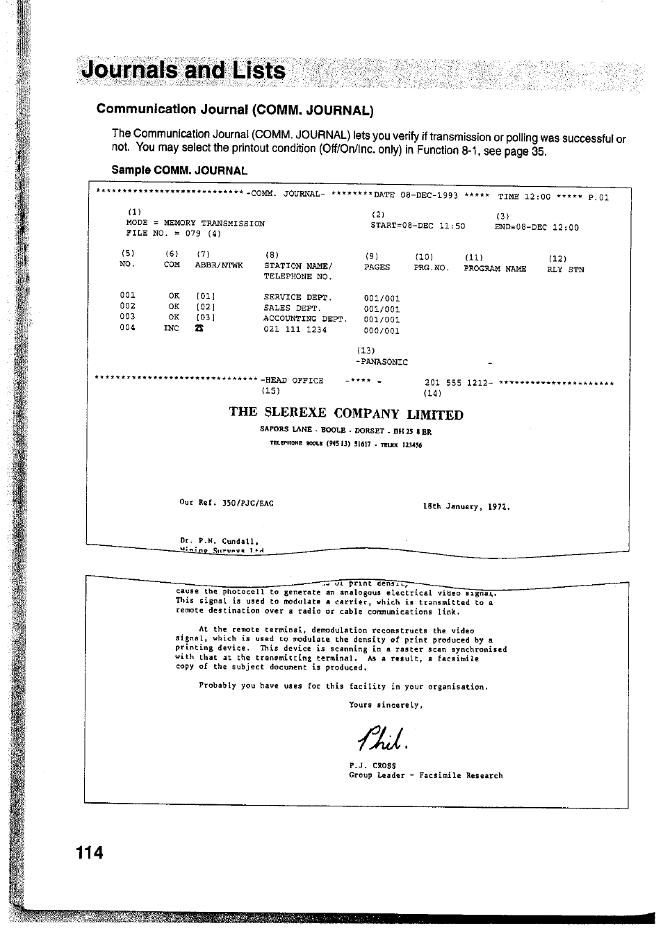 Sample comm. journal, The slerexe company limited, Communication journal (comm. journal) | Panasonic Panafax UF-755 User Manual | Page 116 / 148