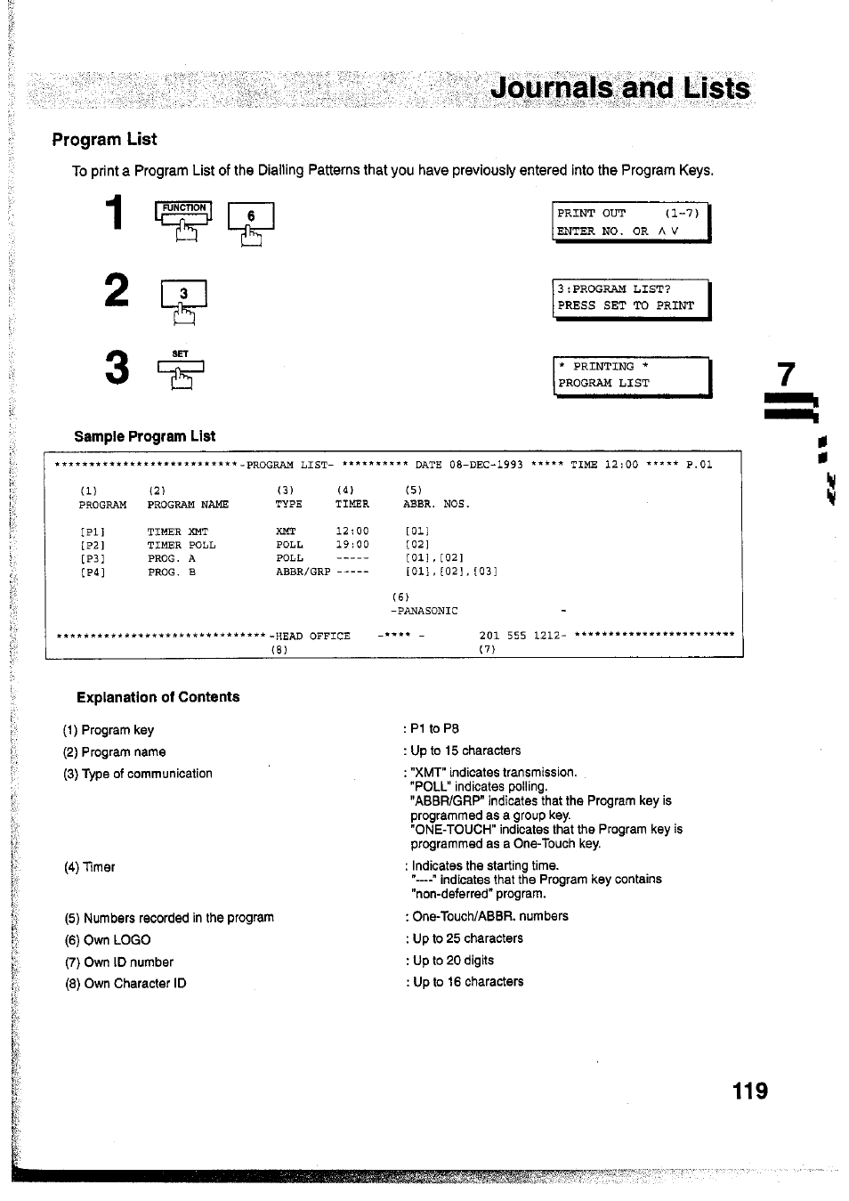 Progrann list, Sample program list, Program list | Journals ahd lists | Panasonic Panafax UF-755 User Manual | Page 121 / 148