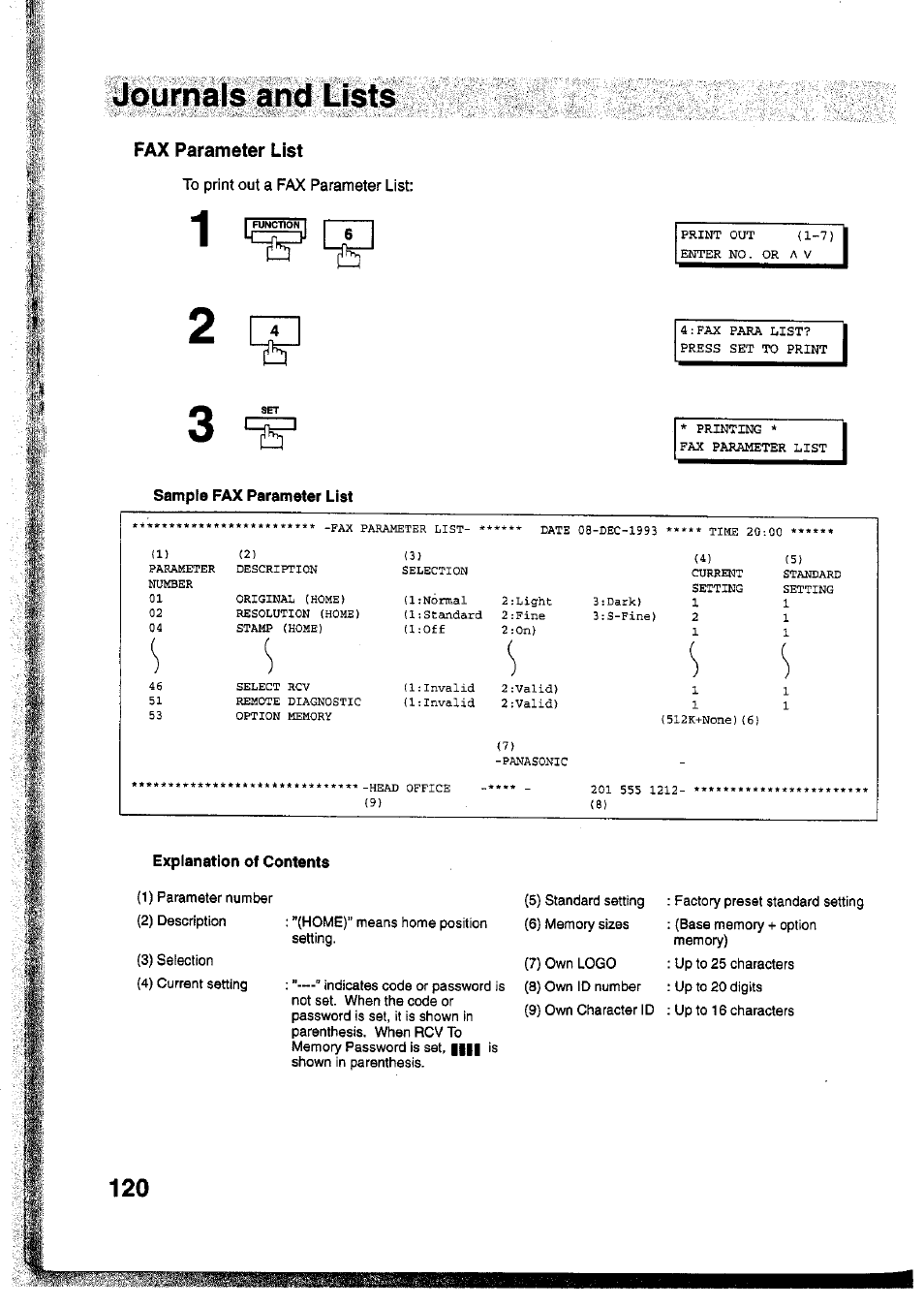 Fax parameter list, To print out a fax parameter list, Sample fax parameter list | Explanation of contents | Panasonic Panafax UF-755 User Manual | Page 122 / 148