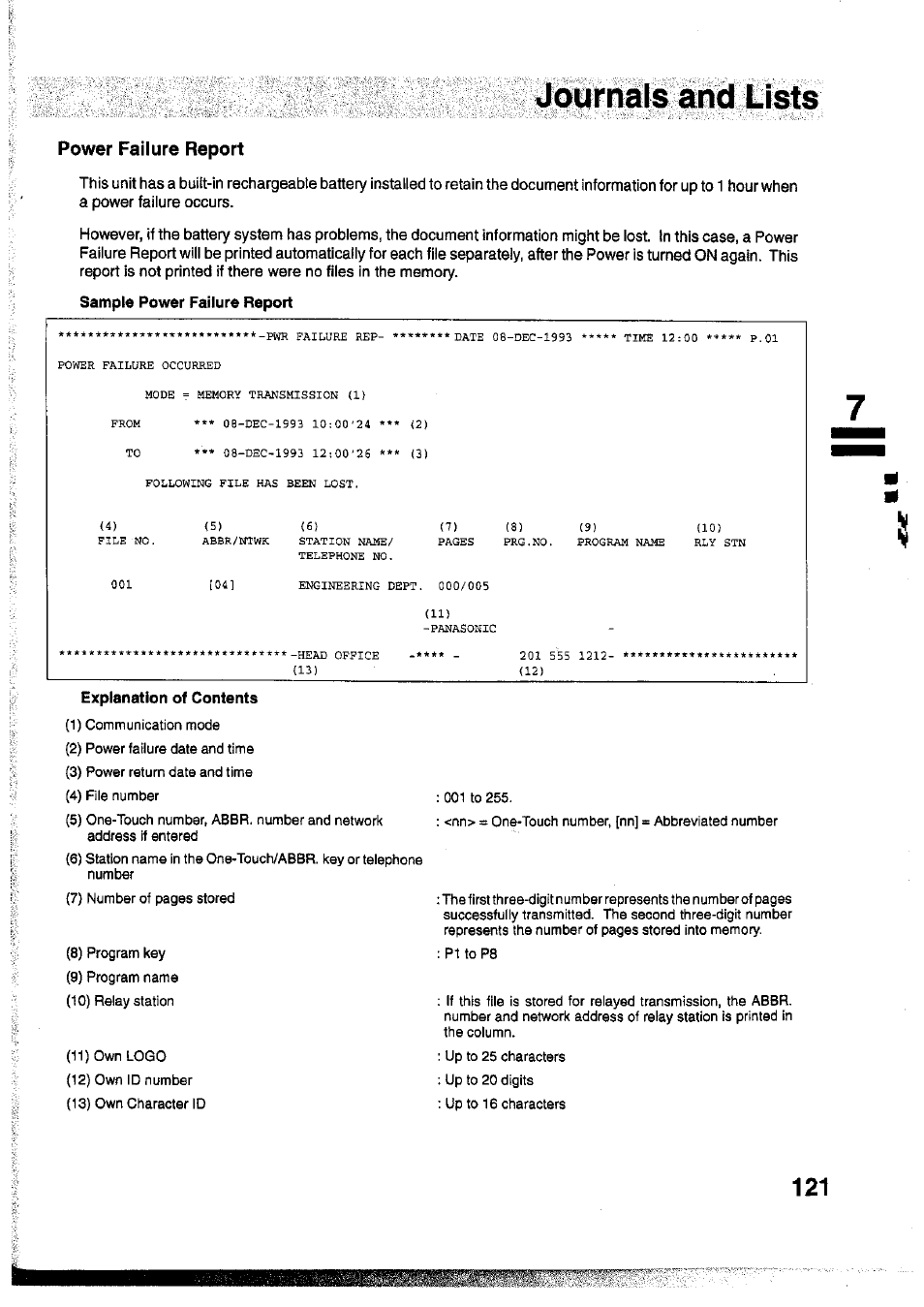 Power failure report, Sample power failure report, Explanation of contents | 46iirhâls and lists | Panasonic Panafax UF-755 User Manual | Page 123 / 148