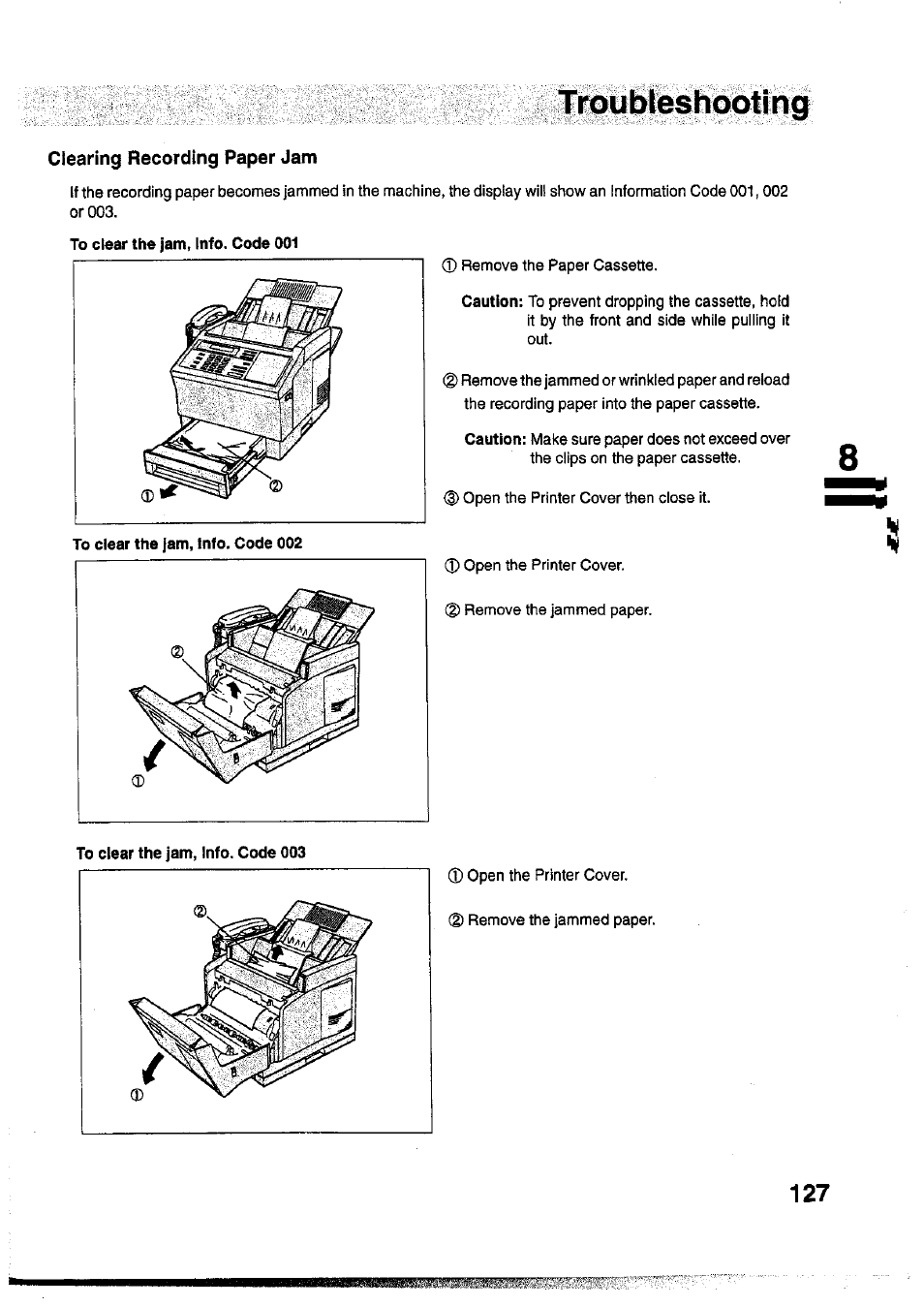 Clearing recording paper jam, Oubleshooting | Panasonic Panafax UF-755 User Manual | Page 129 / 148