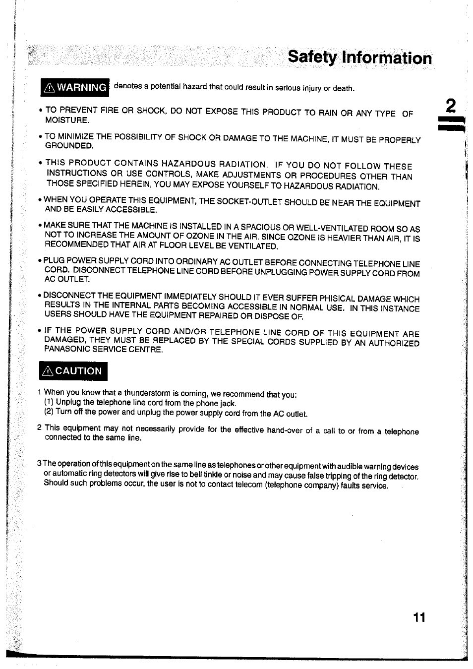 Caution, Safety information | Panasonic Panafax UF-755 User Manual | Page 13 / 148