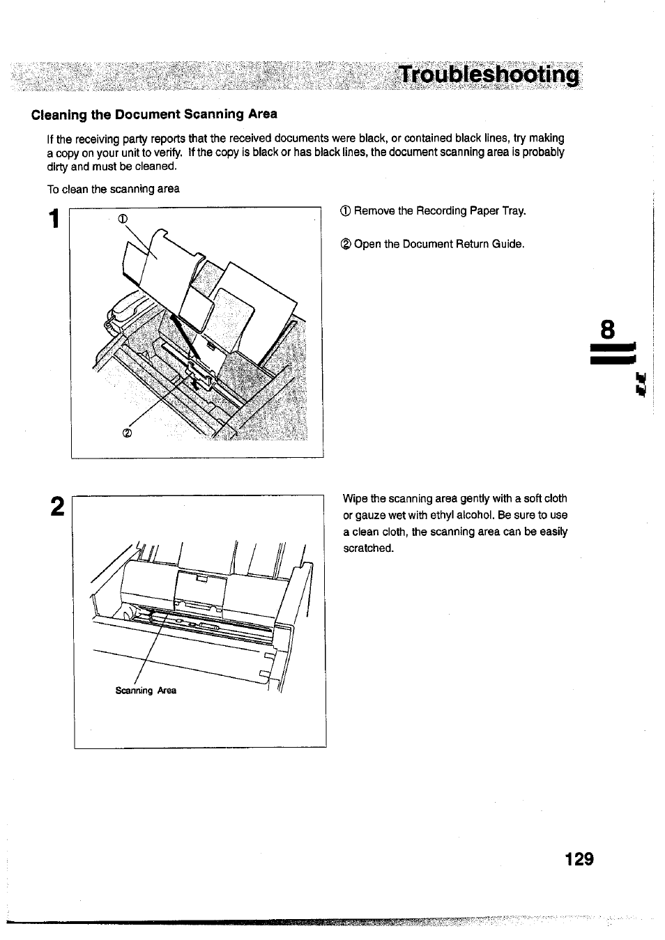 Cleaning the document scanning area | Panasonic Panafax UF-755 User Manual | Page 131 / 148