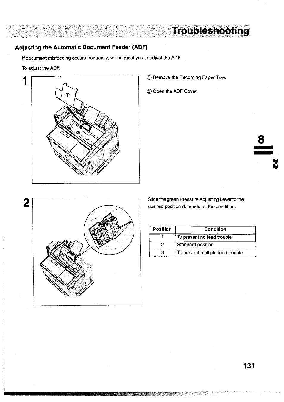 Adjusting the automatic document feeder (adf) | Panasonic Panafax UF-755 User Manual | Page 133 / 148