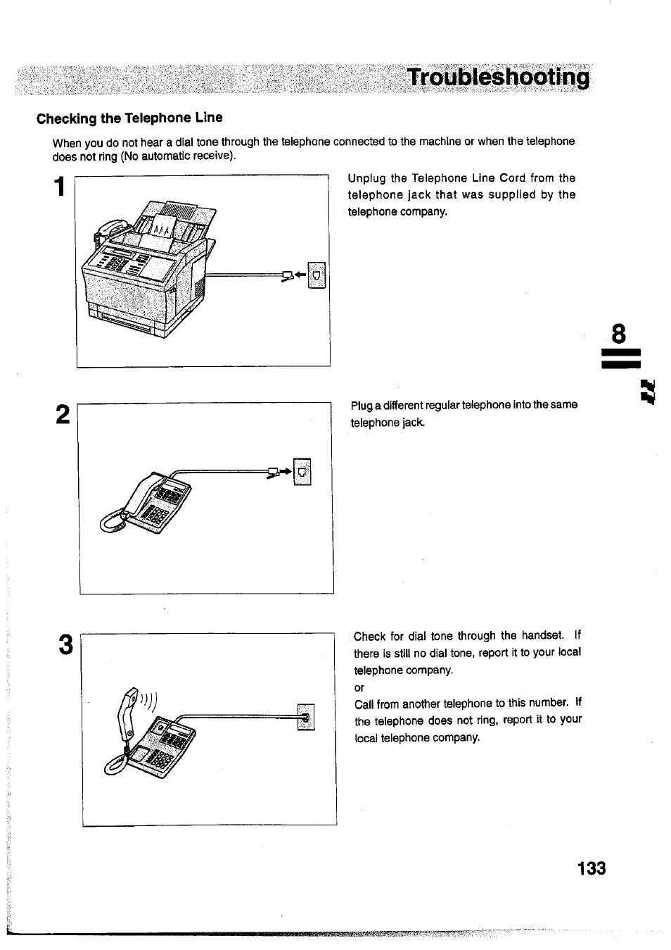 Checking the telephone line | Panasonic Panafax UF-755 User Manual | Page 135 / 148