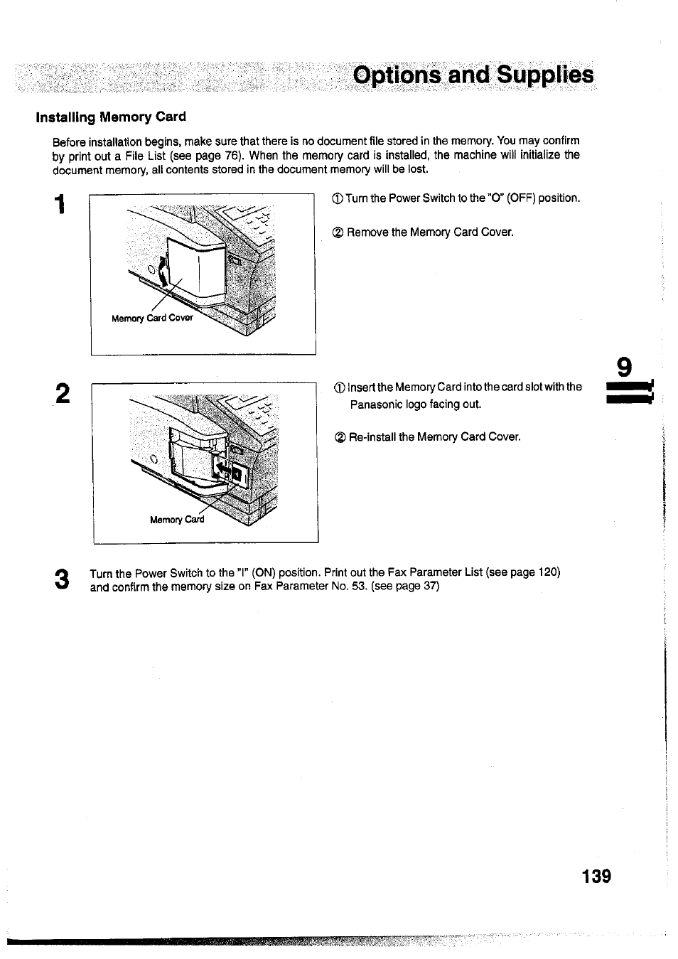 Installing memory card, Options and supplies | Panasonic Panafax UF-755 User Manual | Page 141 / 148
