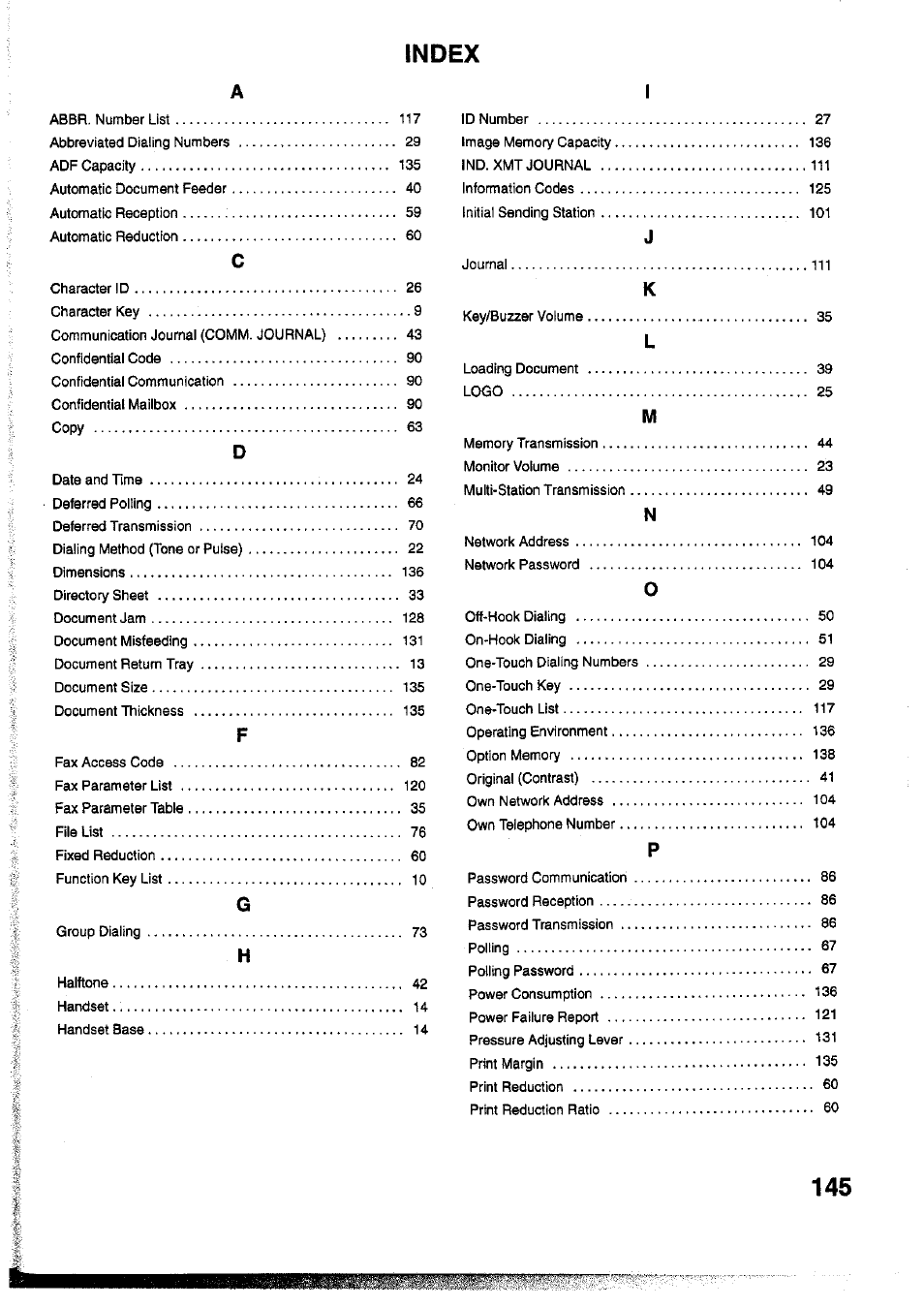 Index | Panasonic Panafax UF-755 User Manual | Page 147 / 148
