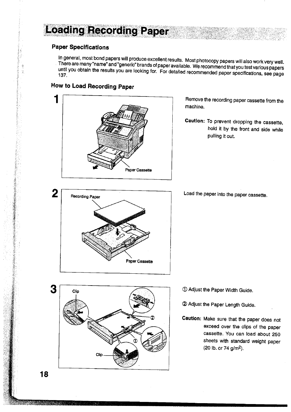 Paper specifications, How to load recording paper, Loading recording paper | Panasonic Panafax UF-755 User Manual | Page 20 / 148