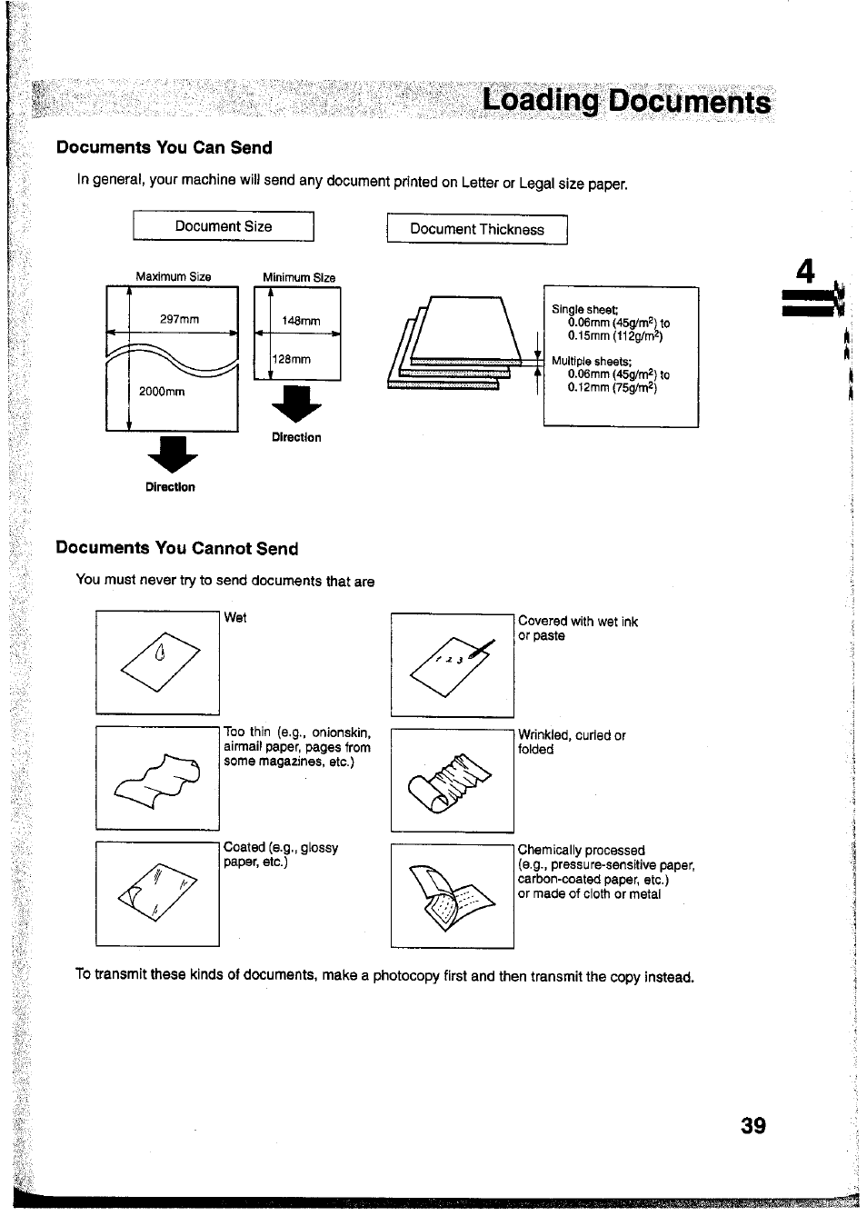 Documents you can send, Documents you cannot send, Documents you can send documents you cannot send | Fiaiclmg d^dymeii | Panasonic Panafax UF-755 User Manual | Page 41 / 148