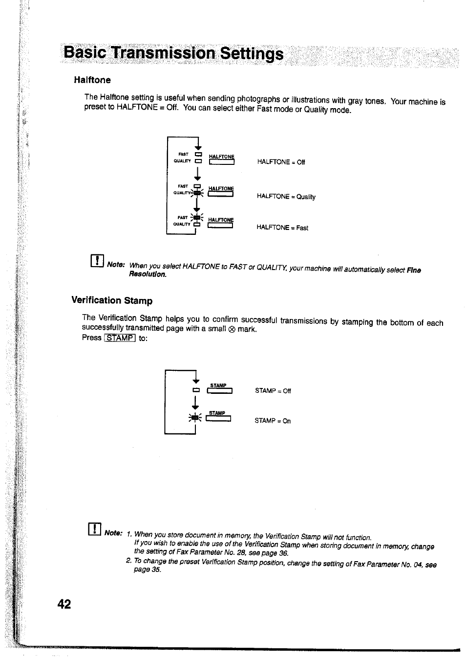 Halftone, Verification stamp, Press 1 stamp i to | Halftone verification stamp, Basic transmission settings | Panasonic Panafax UF-755 User Manual | Page 44 / 148