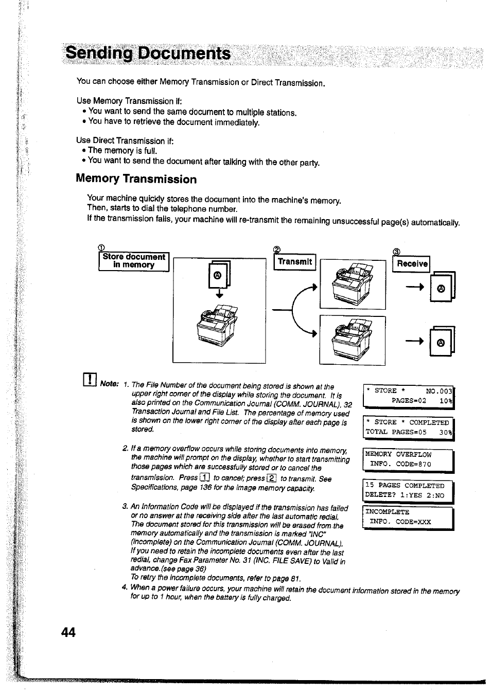 Use memory transmission if, You have to retrieve the document immediately, Use direct transmission if | The memory is full, Then, starts to dial the telephone number, Store document in memory, Memory transmission | Panasonic Panafax UF-755 User Manual | Page 46 / 148