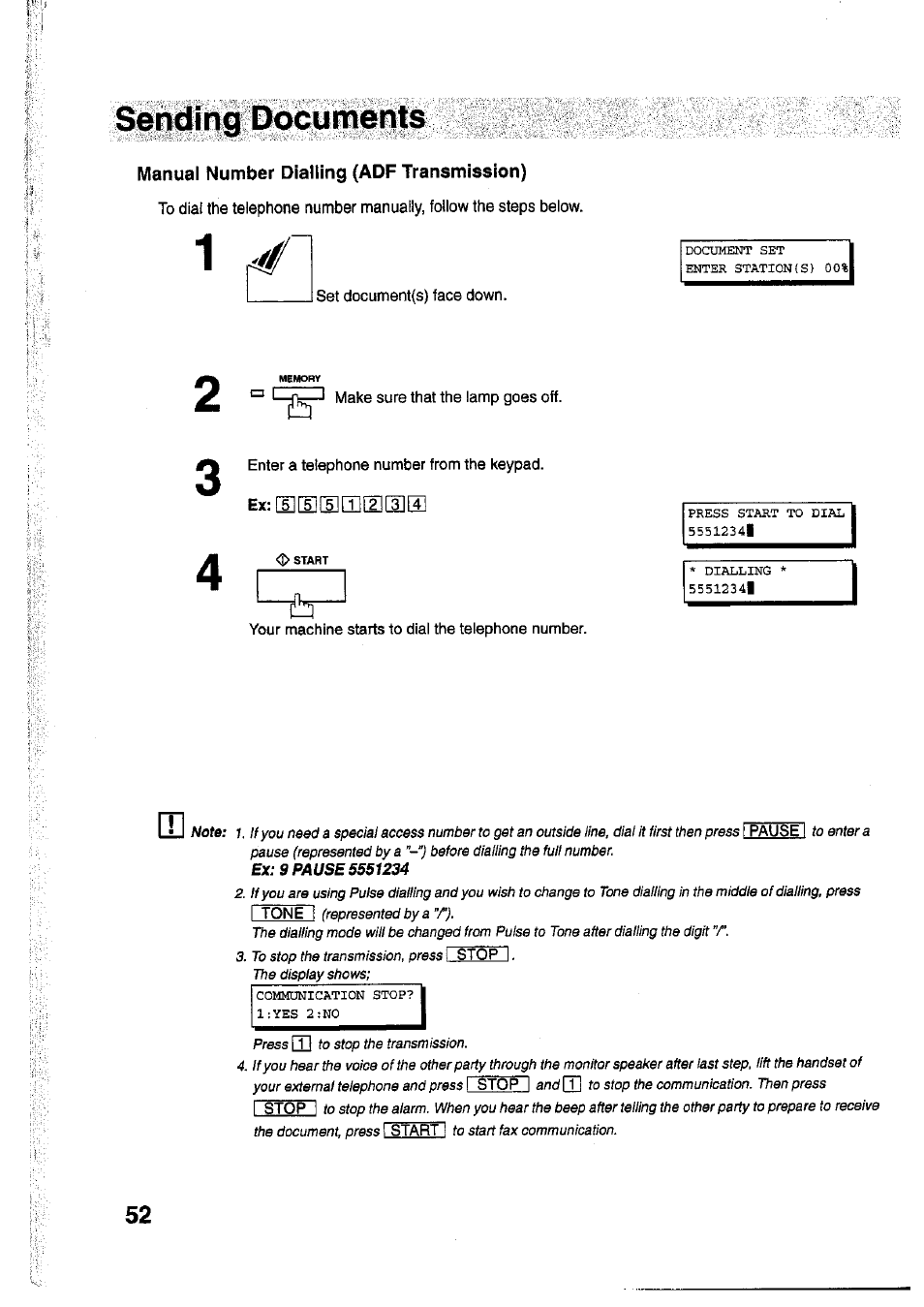 Manual number dialling (adf transmission), Set document(s) face down, Make sure that the lamp goes off | Enter a telephone number from the keypad, Your machine starts to dial the telephone number | Panasonic Panafax UF-755 User Manual | Page 54 / 148