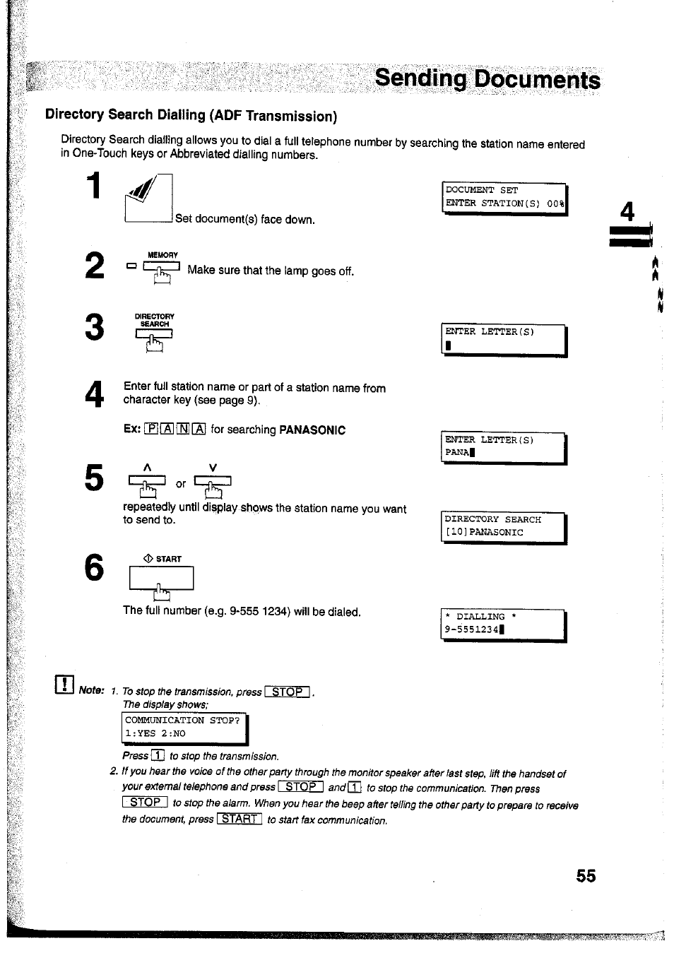 Set document(s) face down, I—make sure that the lamp goes off, Ex: [bscs]® for searching panasonic | The full number (e.g. 9-555 1234) will be dialed, Sending pqc | Panasonic Panafax UF-755 User Manual | Page 57 / 148